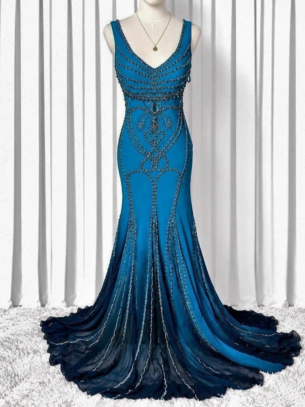 Rare sue wong nocturne silk beaded mermaid gown